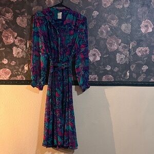 Long Sleeve Floral Shirt Dress in Teal & Purple